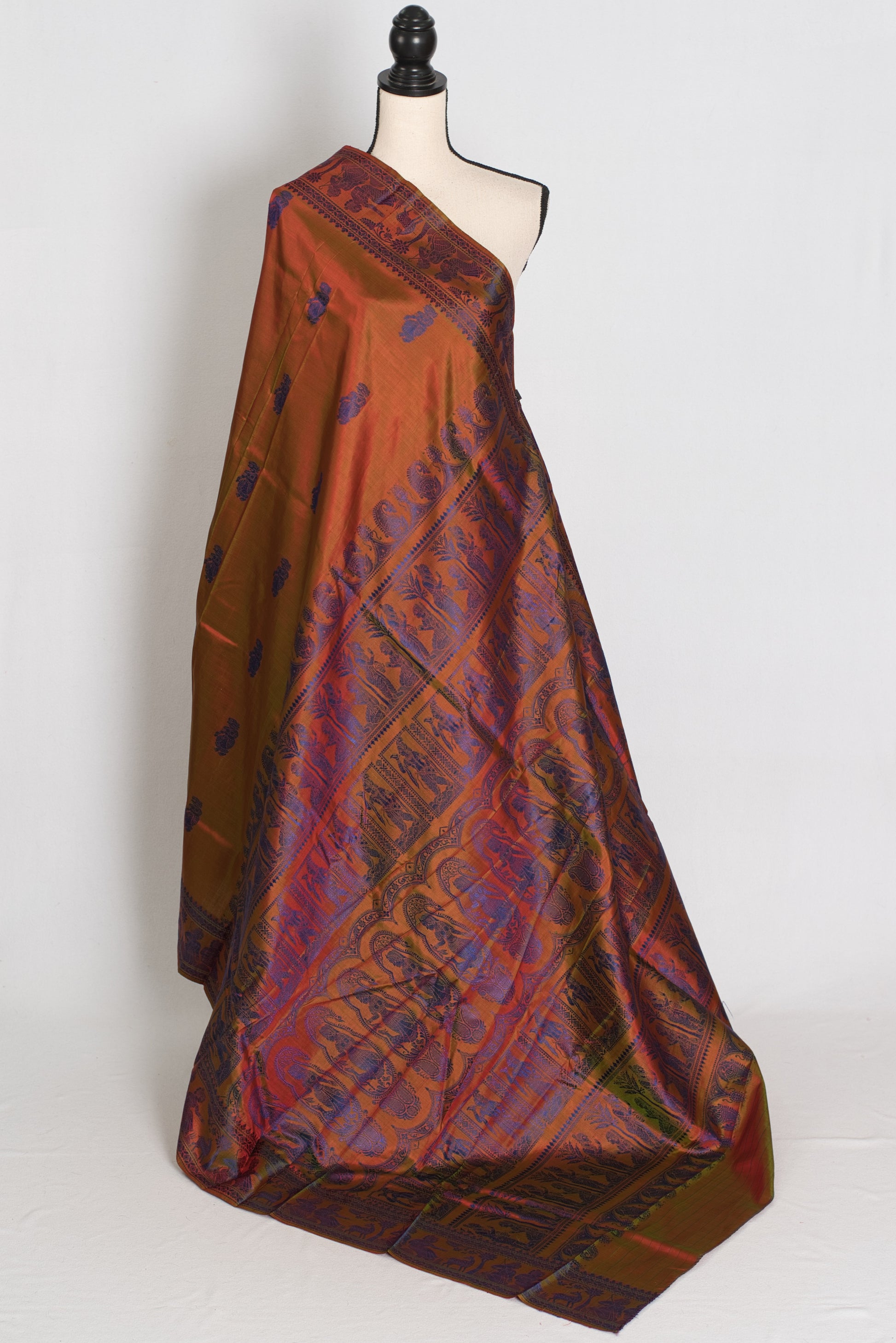 Nita | Brown and Blue Handwoven Baluchari Silk Saree with Blue Minakari Detail image 1