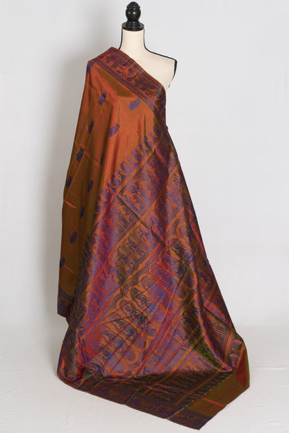 Nita | Brown and Blue Handwoven Baluchari Silk Saree with Blue Minakari Detail image 1