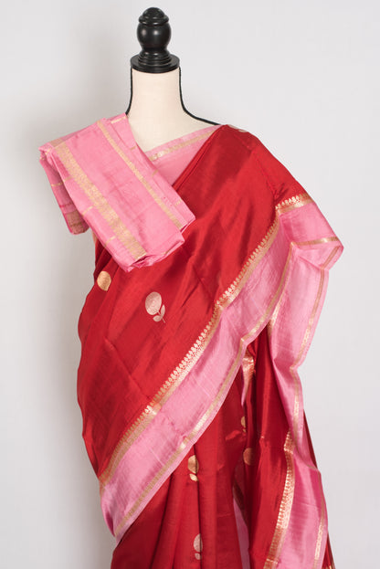 Roshni | Red & Pink Satin Katan Banarasi Silk Saree | Modern Floral Motifs image 2