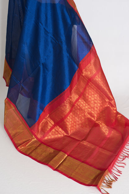 Mala : Royal Blue and Red Cotton Silk Kanjivaram Saree with 38 Size Blouse image 4