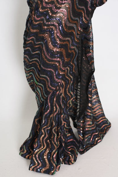 Emi | Black Sequin Cocktail Saree | Partywear with Pre-Stitched Size 38 Blouse image 6