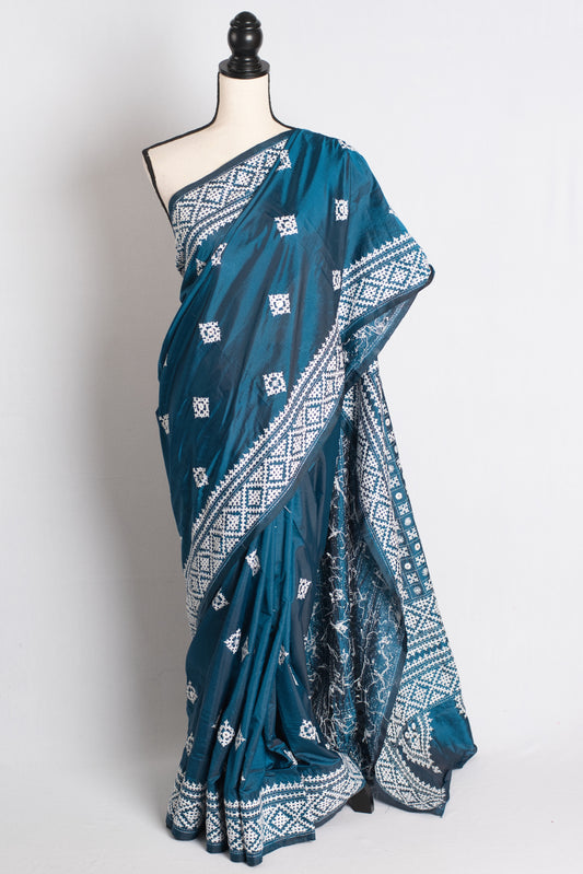 Shyamala - Dark Blue Blended Silk Hand Embroidered Kutch Work Saree image 0