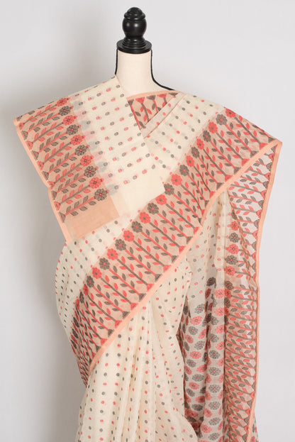 Jaya: Cream & Peach 100% Pure Cotton Jamdani Saree image 2