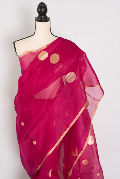Aaliya | Hot Pink Kora Organza Banarasi Saree | Contemporary Gold Polka Dots image 5