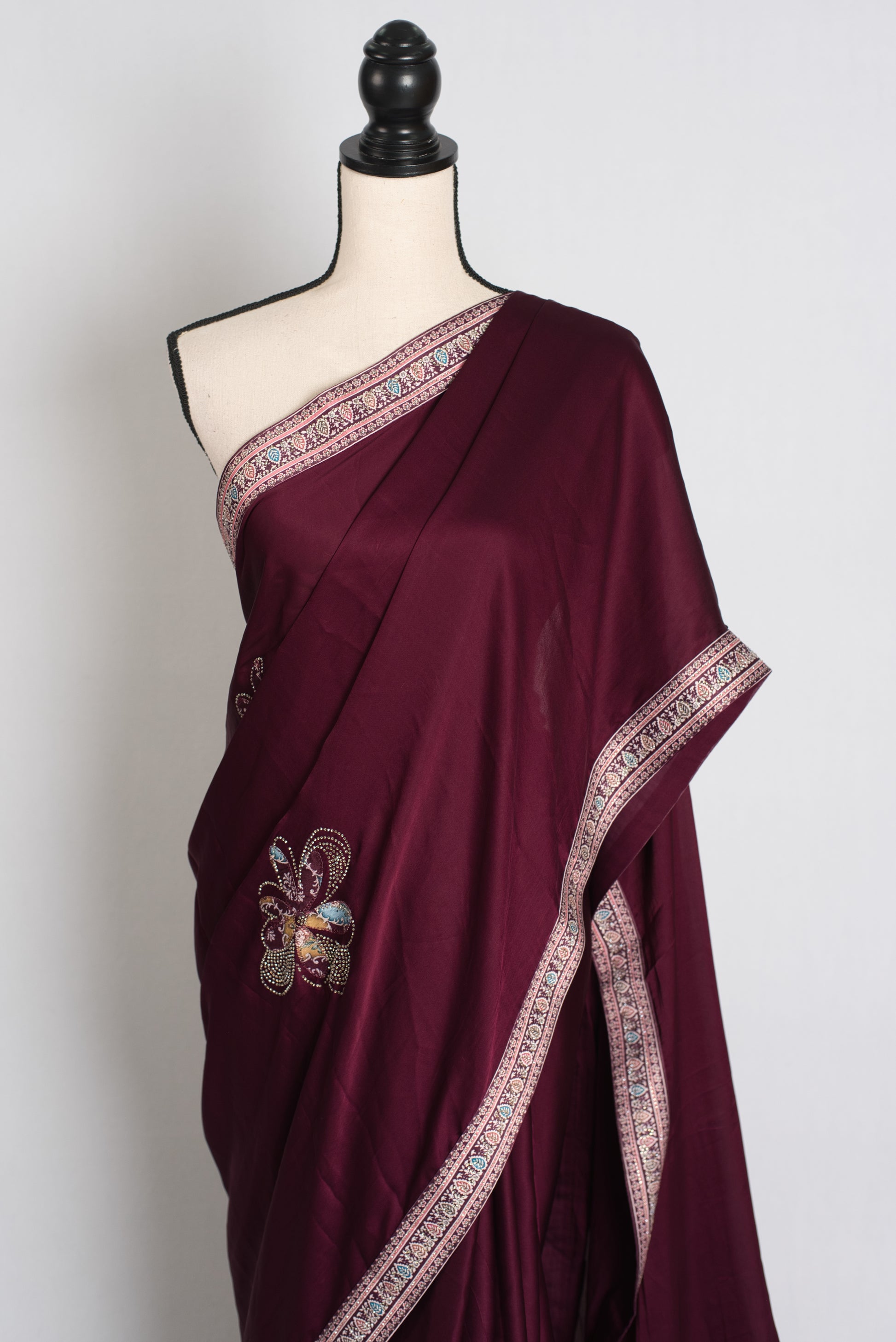 Mani : Wine Color Semi Satin Aplic Work Party Wear Saree image 5