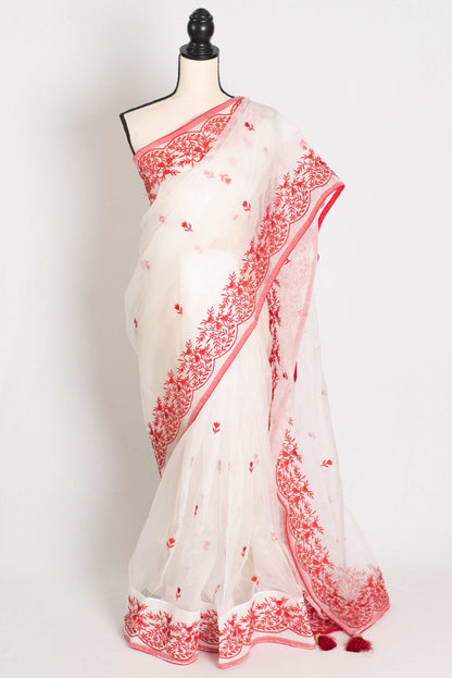 Noori : White and Red Semi Organza Embroidery Designer Saree image 0