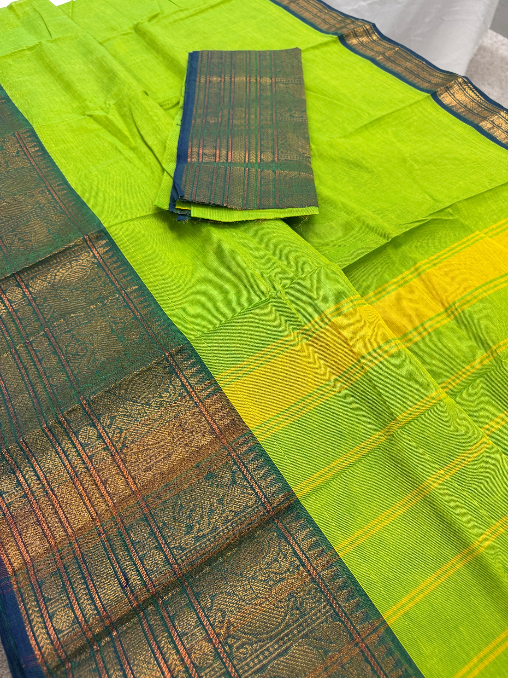 Nalini : Handwoven Kanchi Cotton Saree in Bright Green and Blue image 1