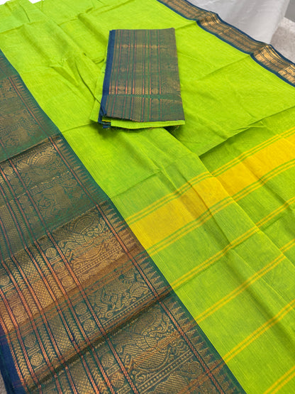 Nalini : Handwoven Kanchi Cotton Saree in Bright Green and Blue image 1