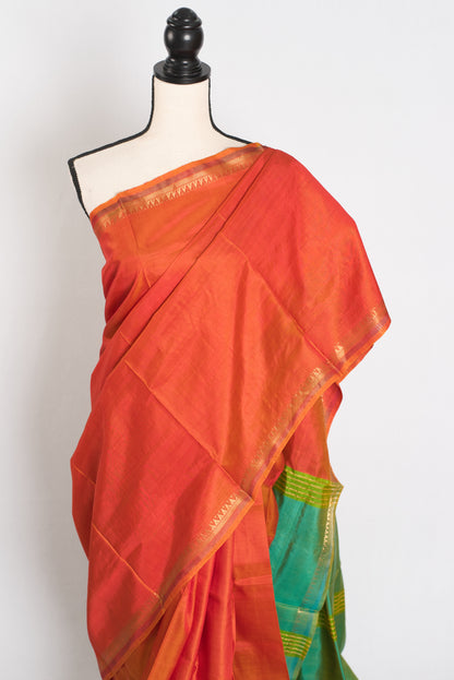 Sameera : Lightweight Small Border Bishnupur Katan Silk Saree in Orange image 6