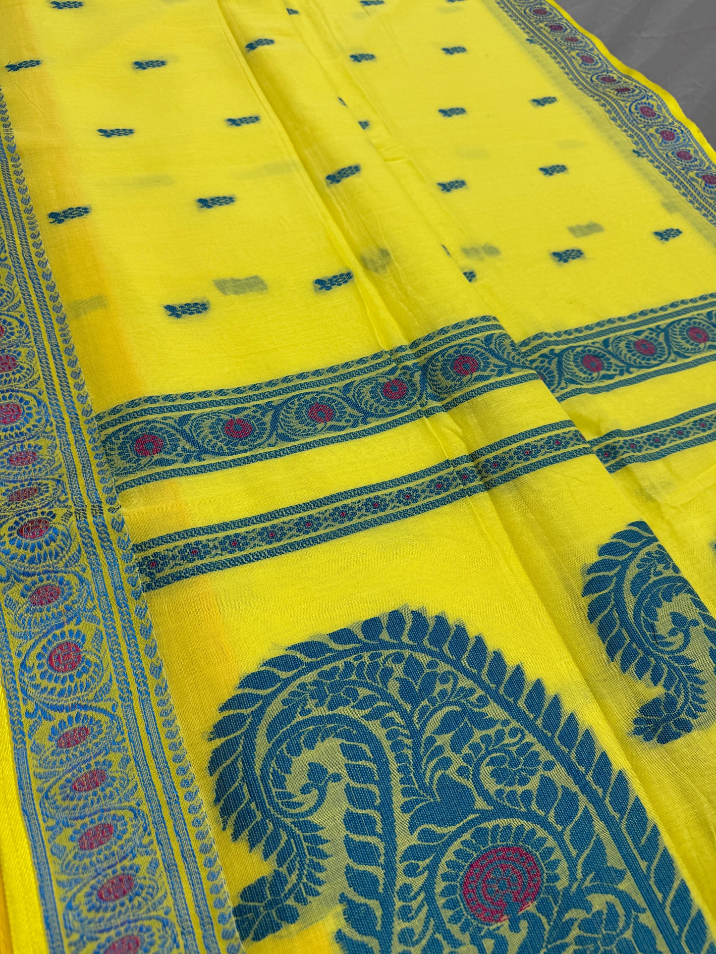 Sejuti : Bright Yellow and Teal Cotton Baluchari Saree image 0