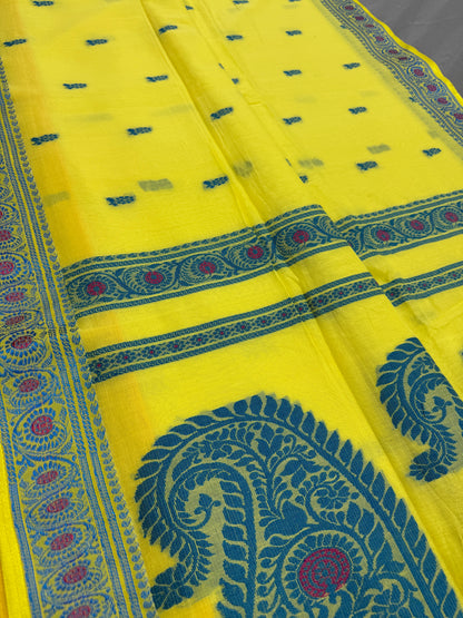 Sejuti : Bright Yellow and Teal Cotton Baluchari Saree image 0