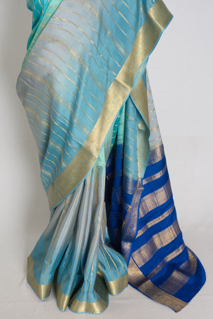 Vidya : Grey & Blue Shaded Premium Mysore Crepe Silk Saree | Silk Mark Certified image 5