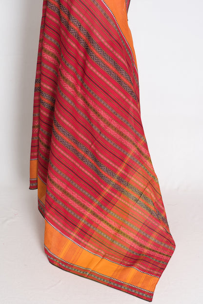 Red and Mustard Yellow Dhaniakhali saree — detail view
