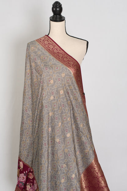 Mahi | Grey Patola & Floral Printed Dola Silk Banarasi Saree image 4