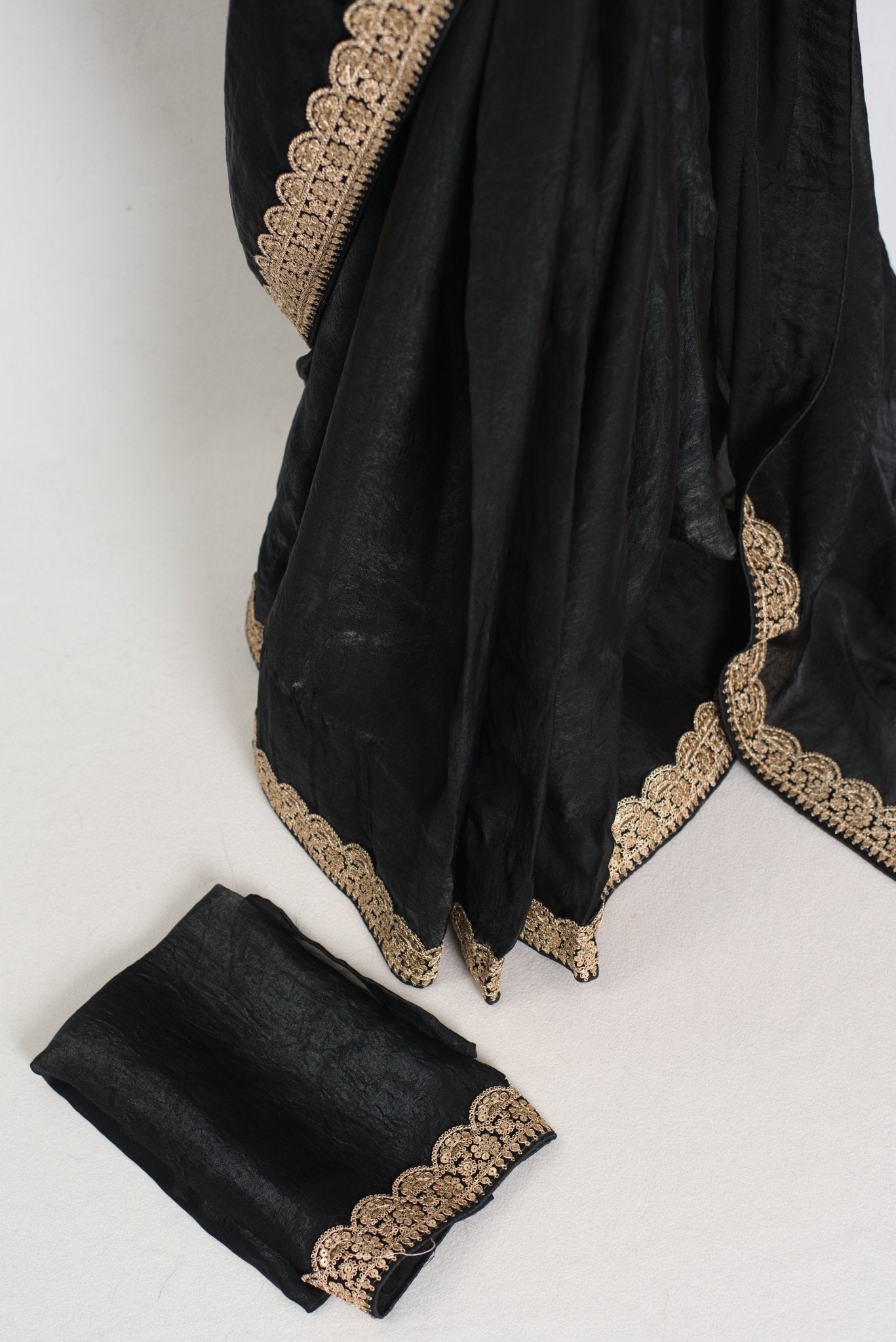 Farah : Designer Glass Tissue Black Partywear Saree with Patched Gold Border - Saree Mandi