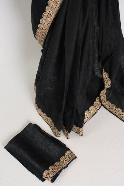 Farah : Designer Glass Tissue Black Partywear Saree with Patched Gold Border - Saree Mandi