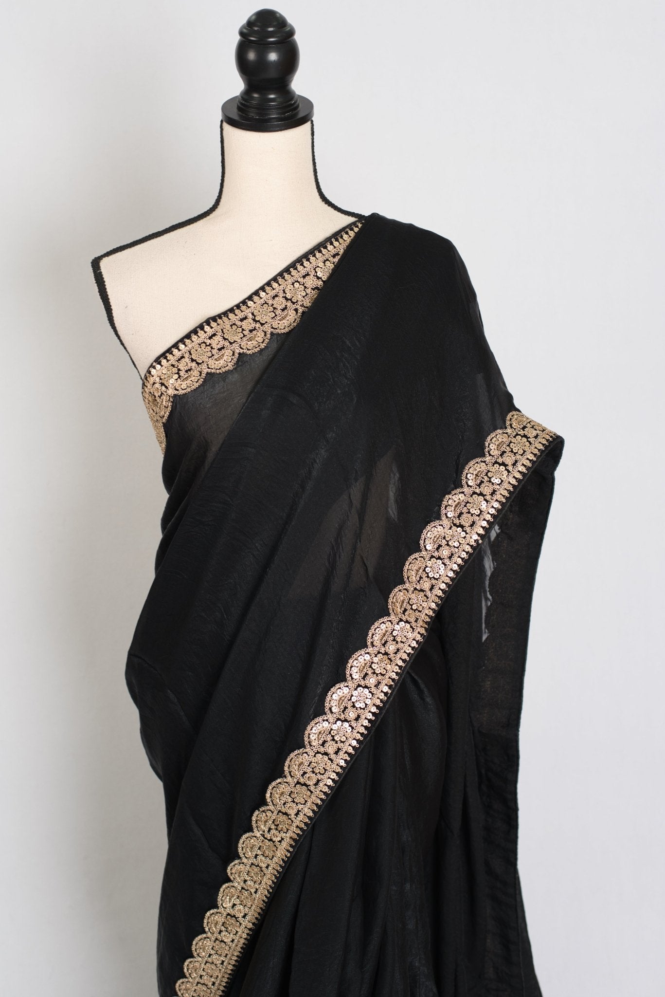 Farah : Designer Glass Tissue Black Partywear Saree with Patched Gold Border - Saree Mandi