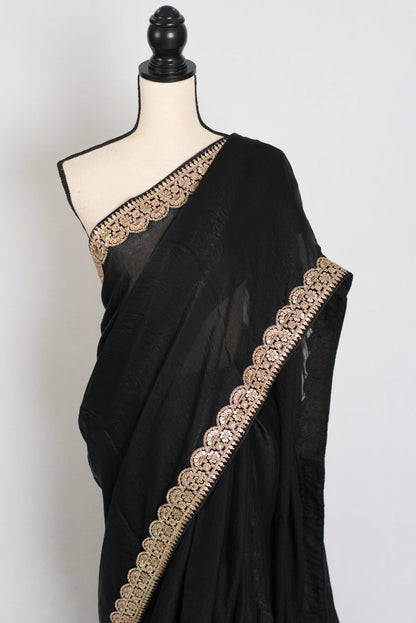 Farah : Designer Glass Tissue Black Partywear Saree with Patched Gold Border - Saree Mandi