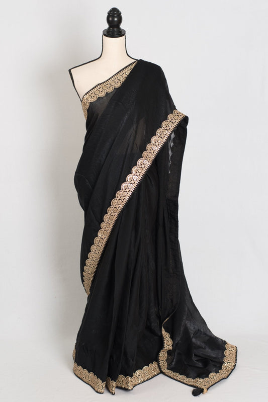 Farah : Designer Glass Tissue Black Partywear Saree with Patched Gold Border - Saree Mandi
