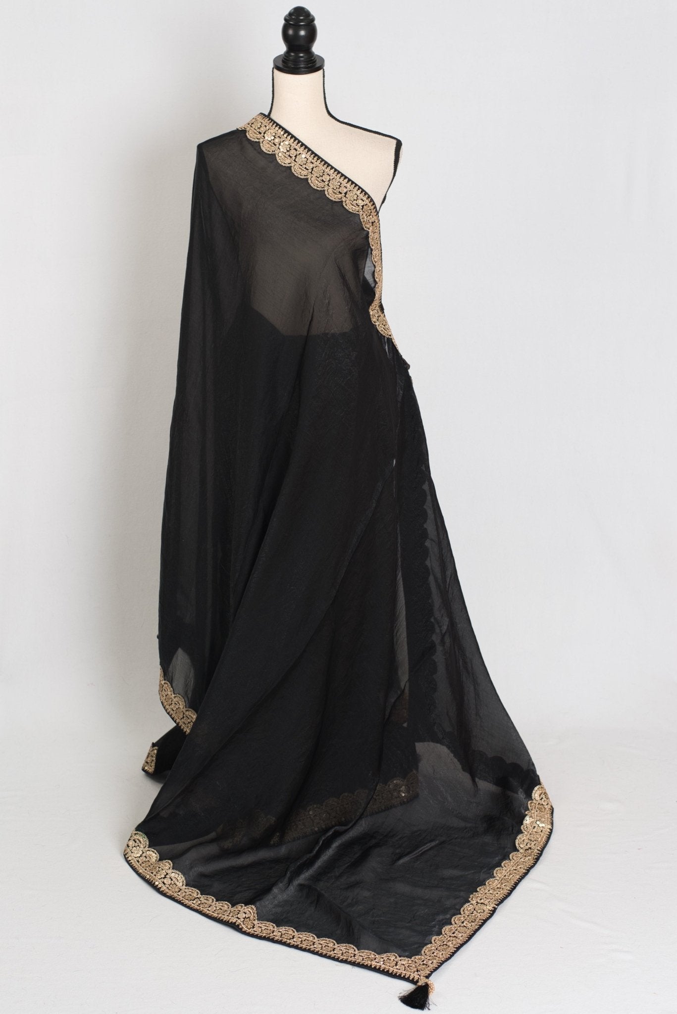Farah : Designer Glass Tissue Black Partywear Saree with Patched Gold Border - Saree Mandi