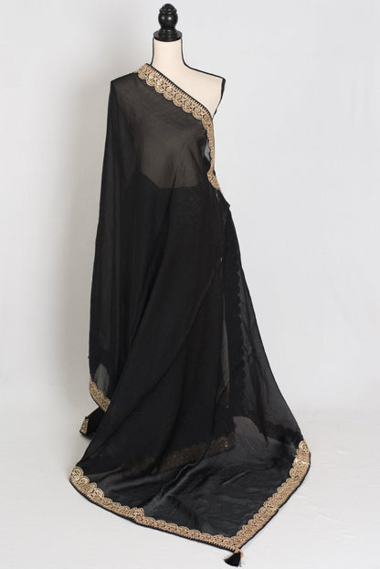 Farah : Designer Glass Tissue Black Partywear Saree with Patched Gold Border - Saree Mandi