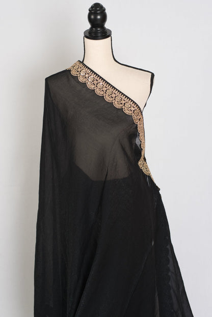 Farah : Designer Glass Tissue Black Partywear Saree with Patched Gold Border - Saree Mandi