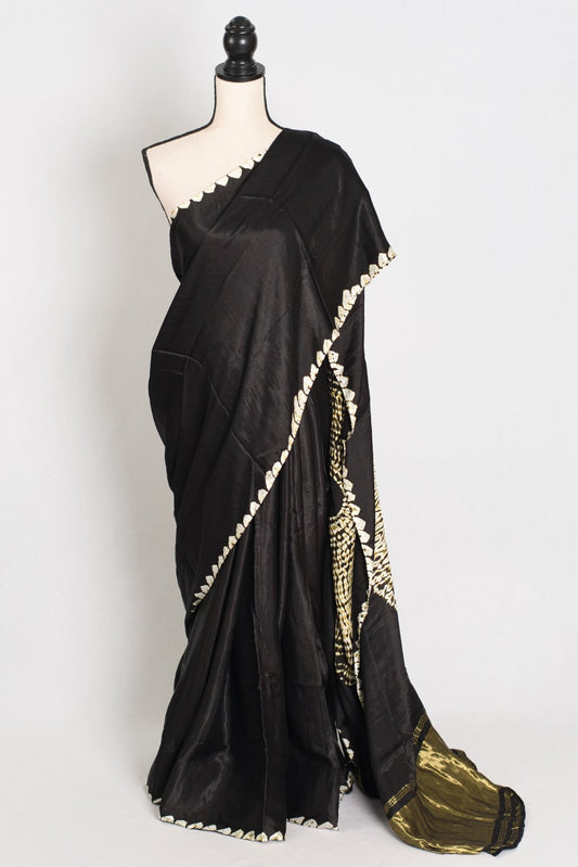 Farah : Modal Silk Bandhani Partywear Saree in Black and Gold - Saree Mandi