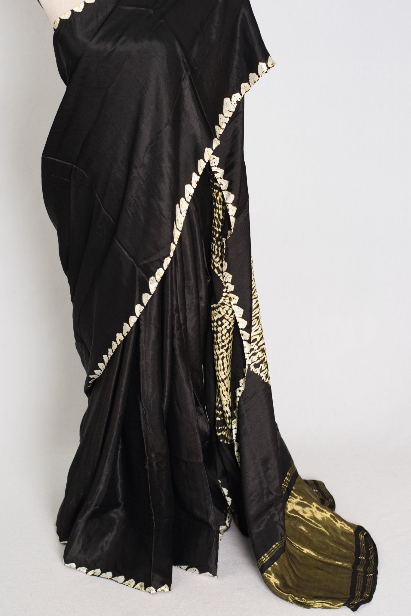 Farah : Modal Silk Bandhani Partywear Saree in Black and Gold - Saree Mandi