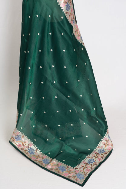 Farheen : Bottle Green Thread Embroidery Party Wear Organza Saree - Saree Mandi