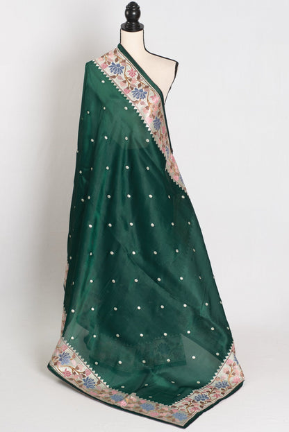 Farheen : Bottle Green Thread Embroidery Party Wear Organza Saree - Saree Mandi