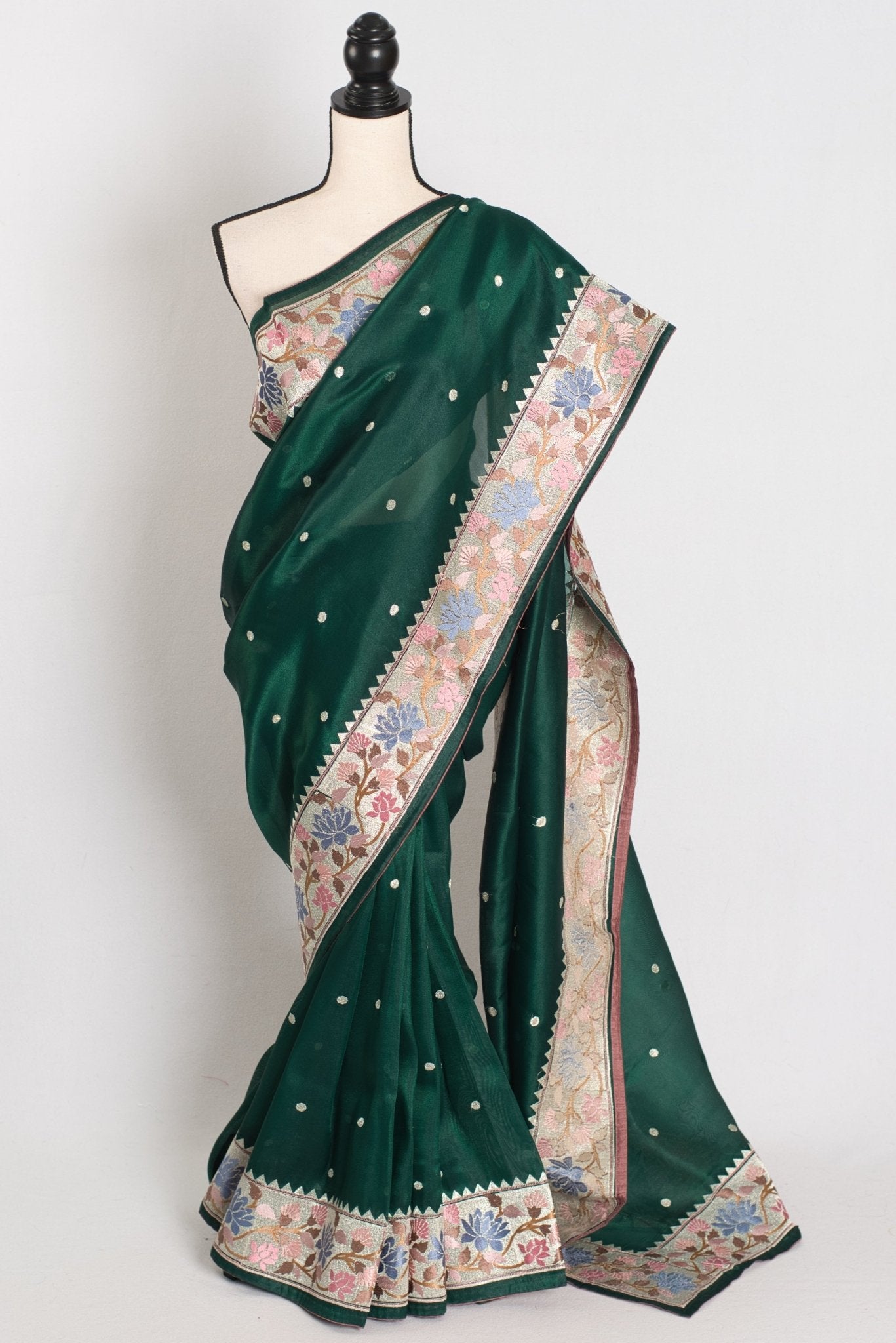 Farheen : Bottle Green Thread Embroidery Party Wear Organza Saree - Saree Mandi
