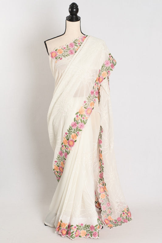 Farheen : Georgette Embroidery Designer Saree in Off White - Saree Mandi