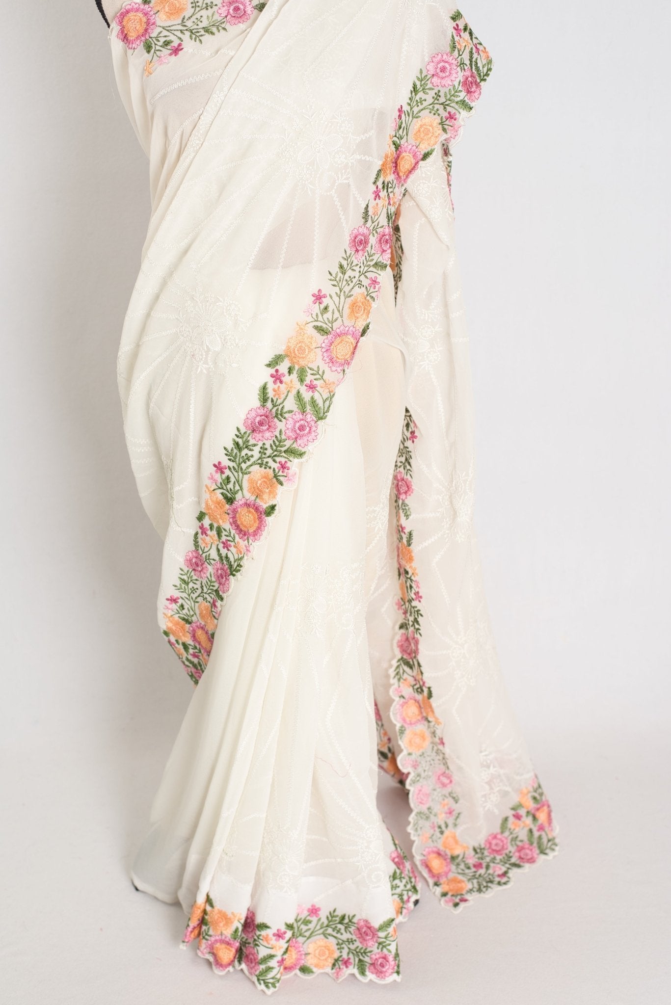 Farheen : Georgette Embroidery Designer Saree in Off White - Saree Mandi