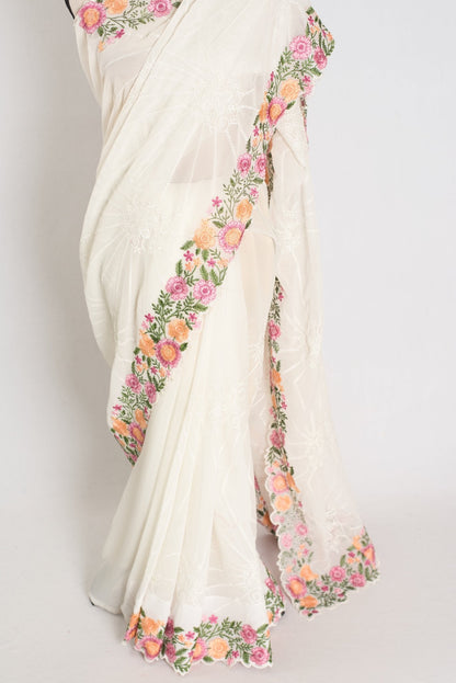 Farheen : Georgette Embroidery Designer Saree in Off White - Saree Mandi