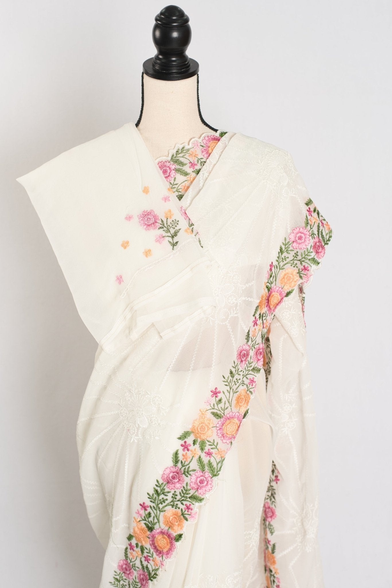 Farheen : Georgette Embroidery Designer Saree in Off White - Saree Mandi