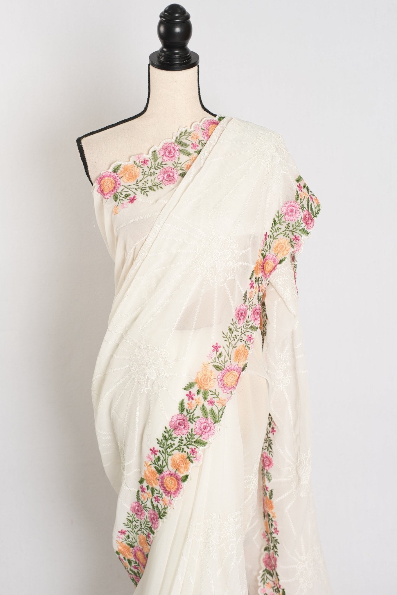 Farheen : Georgette Embroidery Designer Saree in Off White - Saree Mandi