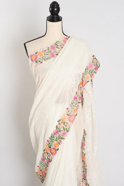 Farheen : Georgette Embroidery Designer Saree in Off White - Saree Mandi