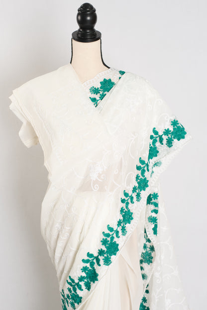 Afrin : Georgette Embroidery Designer Saree in Off White and Green image 2