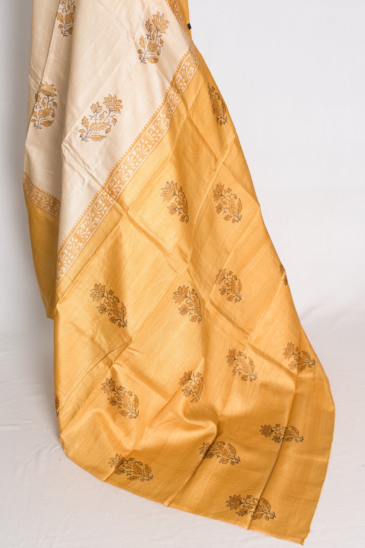 Trisha : Cream and Mustard Yellow Hand Block Printed Pure Tussar Silk Saree image 3