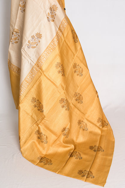 Trisha : Cream and Mustard Yellow Hand Block Printed Pure Tussar Silk Saree image 3