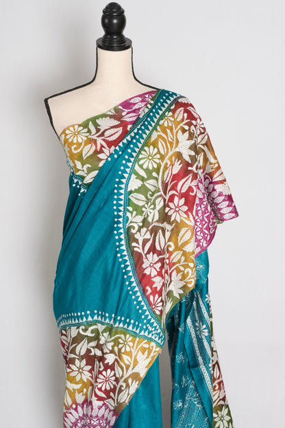 Ritaja : Teal Blue Hand-Dyed Tussar Silk Hand-Embroidered Kantha Stitch Saree image 5