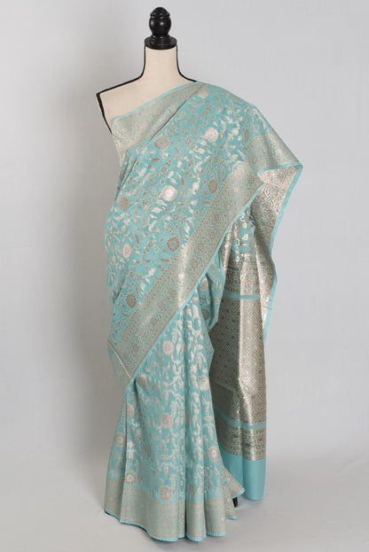 Laila: Sky Blue and Gold Jamdani Banarasi Saree | Bengali-Varanasi Fusion image 0