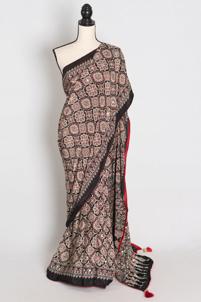 Trisha : Black and Red Semi Modal Silk Ajrakh Saree with Hand-Pasted Mirrors image 0