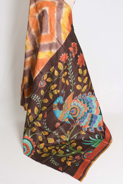 Madhura : Hand Painted Kalamkari Tussar Silk Saree with 36 Size Stitched Blouse