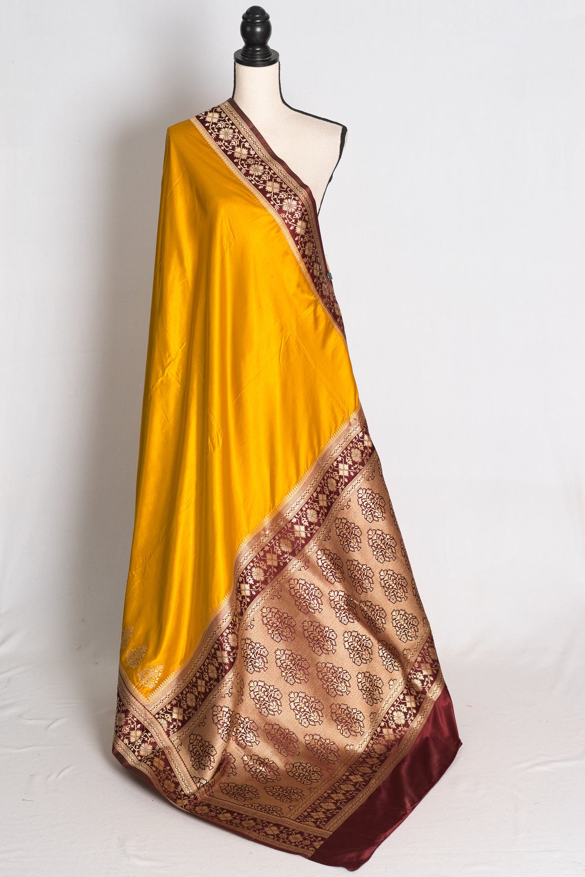 Damini: Mustard Yellow Semi Mashru Valkalam Banarasi Silk Saree image 1