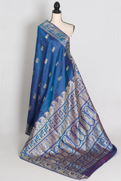 Arpita | Peacock Blue and Cream Handwoven Baluchari Silk Saree image 1