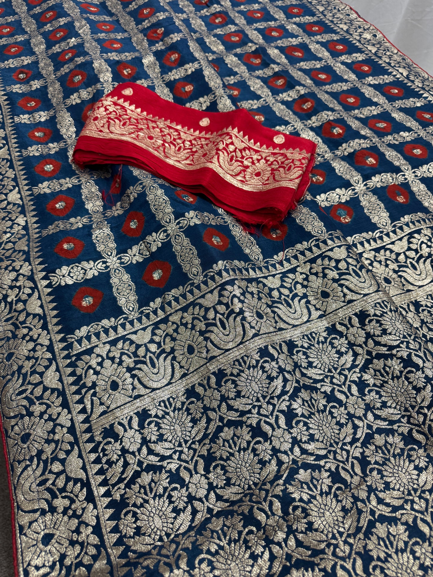 Parul | Dark Blue & Red Gharchola Banarasi Saree | Silver Zari Dola Silk image 3