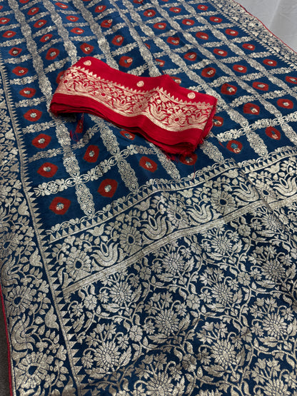 Parul | Dark Blue & Red Gharchola Banarasi Saree | Silver Zari Dola Silk image 3