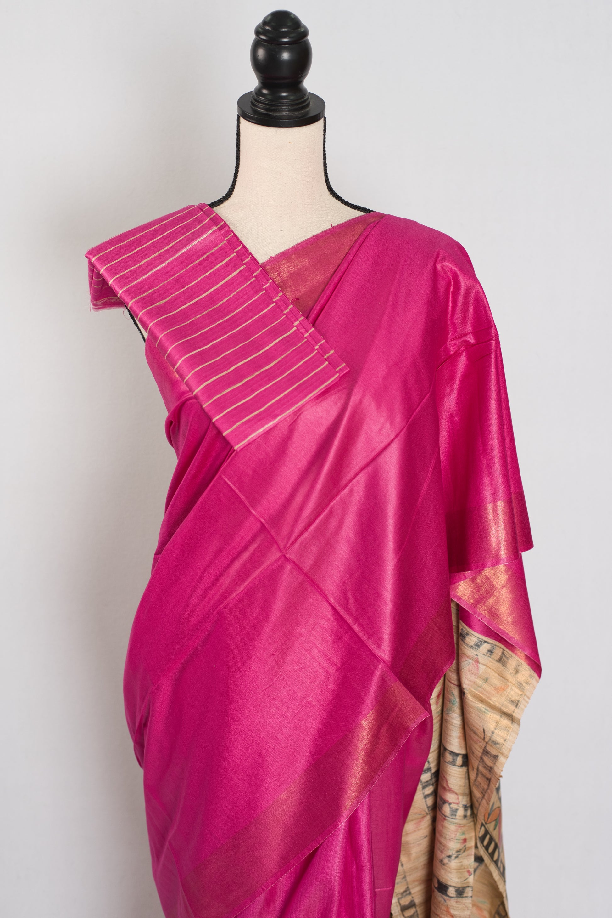 Tithi: Rani Pink Staple Tussar Saree | Hand-Painted Madhubani Pallu image 2
