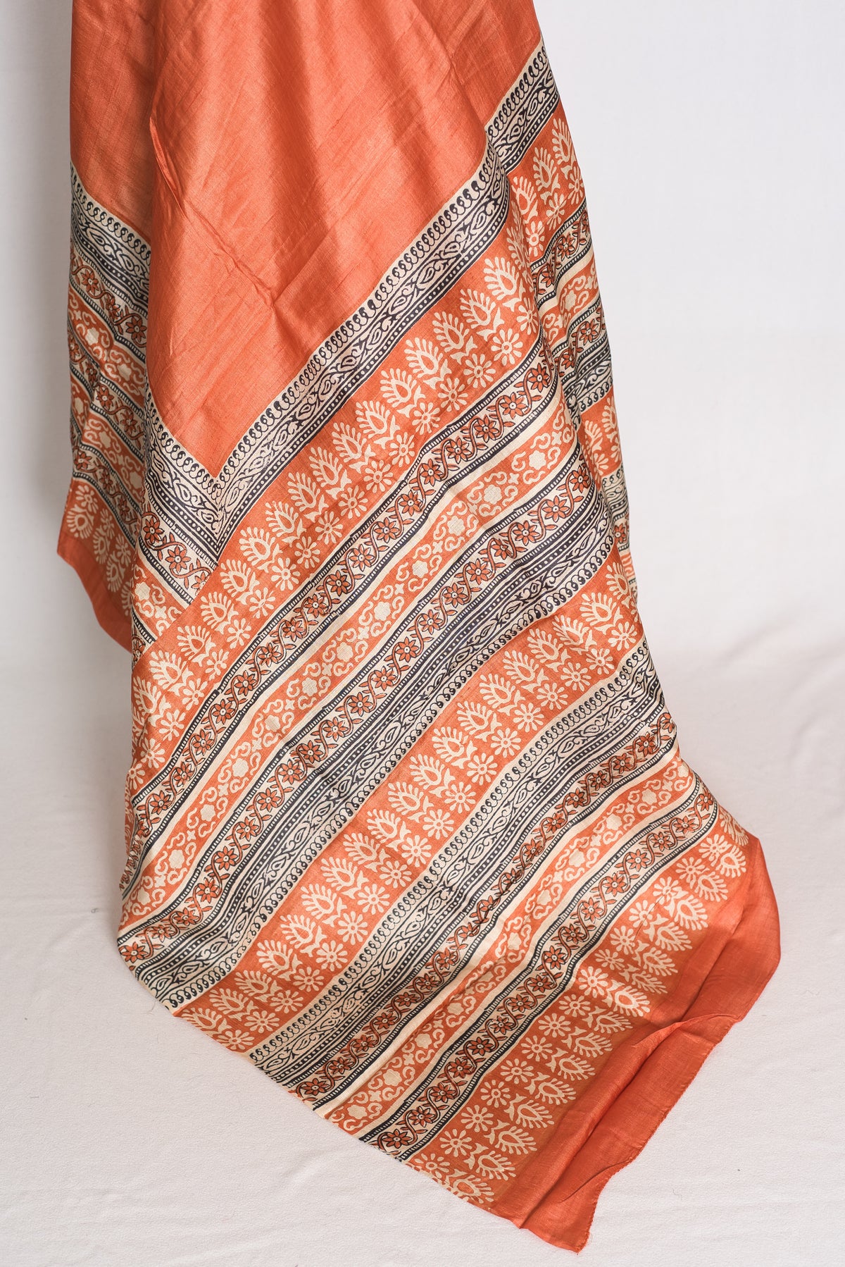 Indu : Orange Block Printed Pure Tussar Silk Saree with 38 Size Blouse image 5